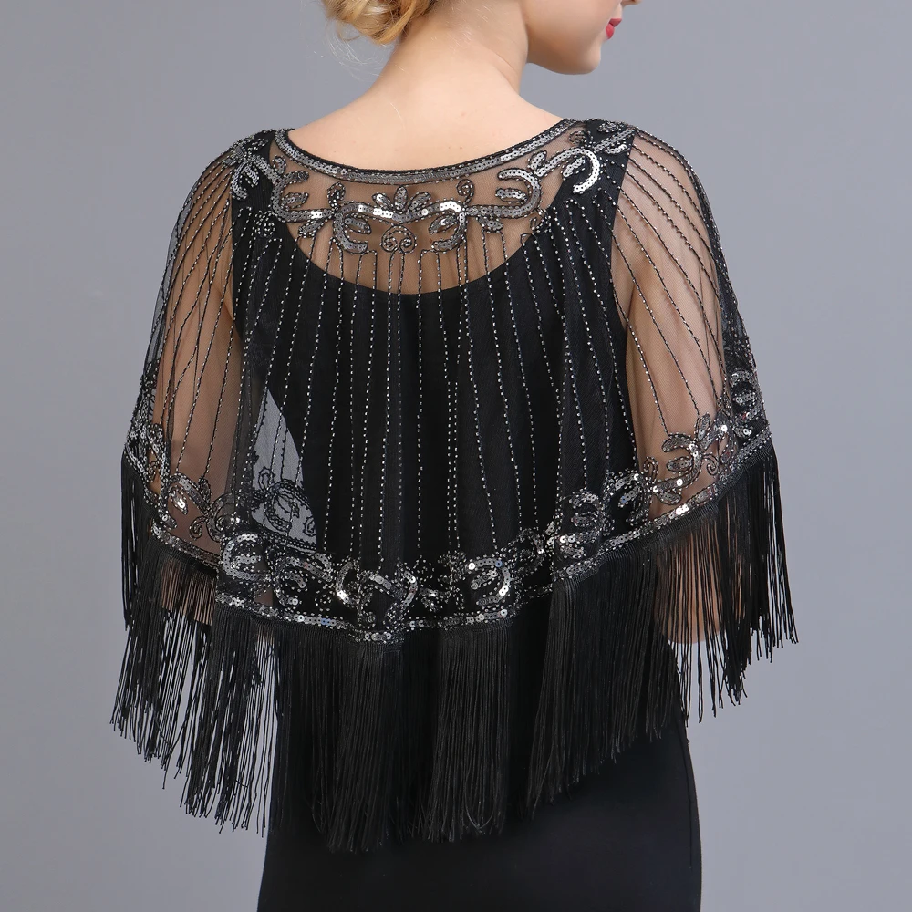 1920s Shawl Wraps Embellished Beaded Sequin Fringe Evening Cape Sheer Mesh Bridal Shawl Cover Up for Wedding Party Black Blue