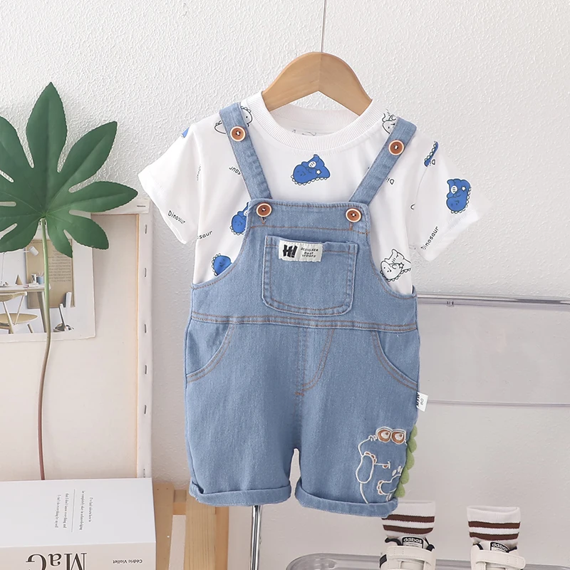 

1-3 Years Baby Boys Clothing Sets Summer Cotton Lapel Shirt And Bear Cowboy Overalls Cute Girls Suit Birthday Party Kids Clothes