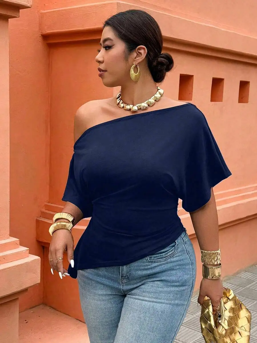 

Plus Size Women Asymmetric Off Shoulder Short Sleeve Casual Top Spring Summer
