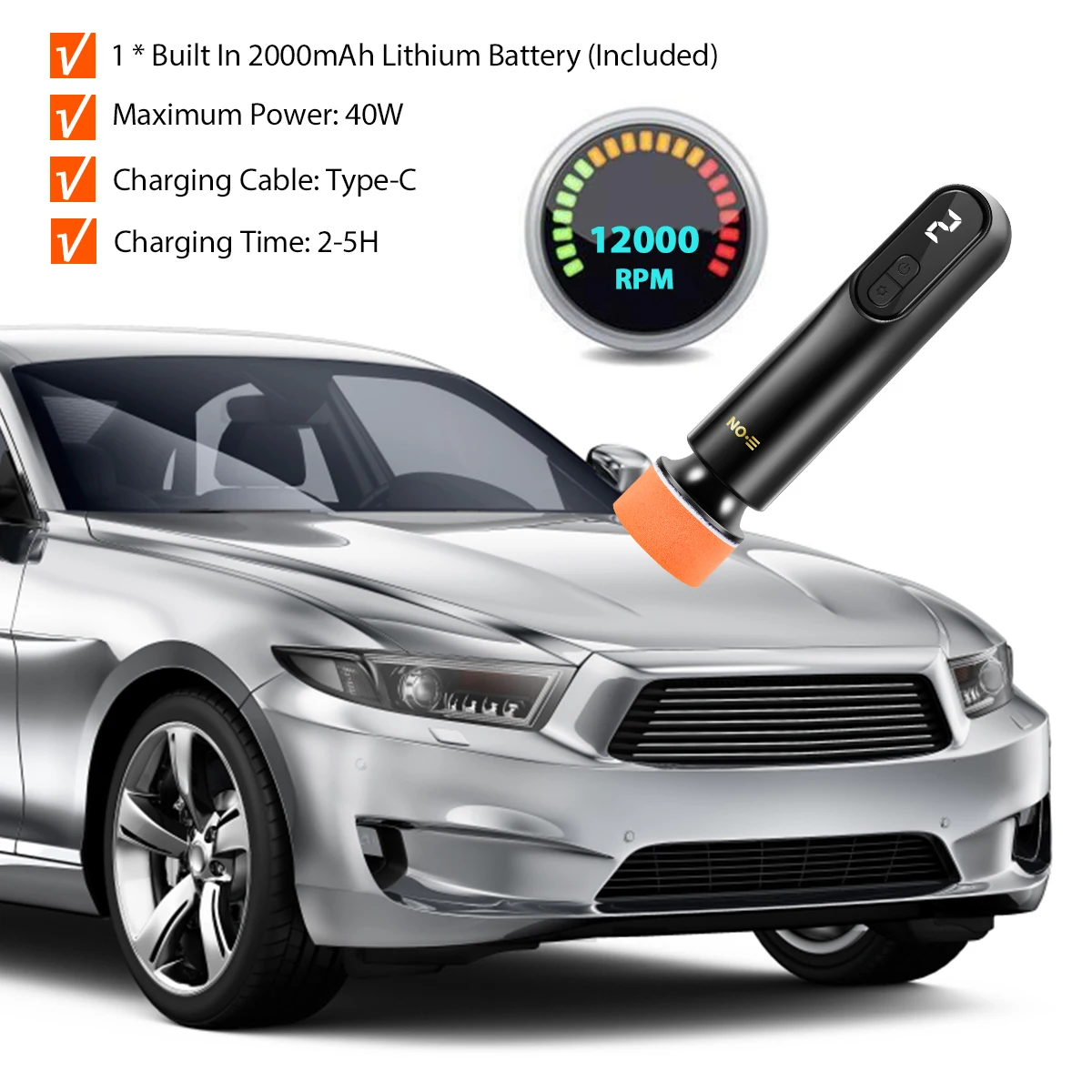 Car Polishing Machine 3 Speeds Adjustable Wireless Electric Waxing Machine 12000rpm High Speed ​​Motor USB Charging Polisher