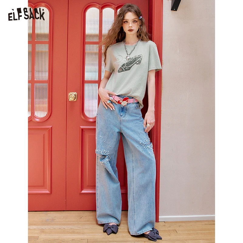 ELFSACK 2025 Summer New Arrivals Fun Printed Short Sleeve Casual Loose T-Shirt For Women