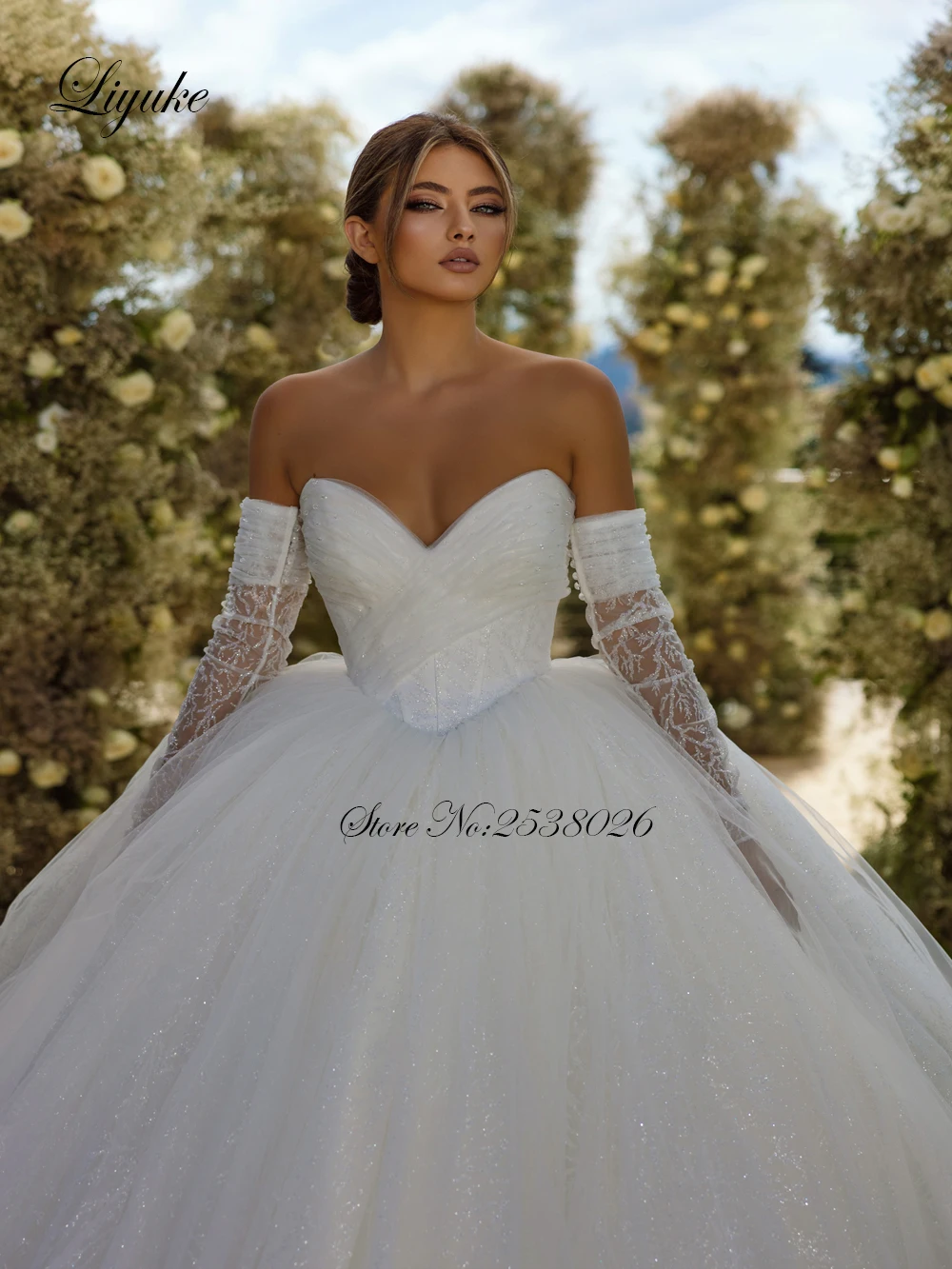 Liyuke Elegant Pleats Sweetheart Ball Gown Wedding Dresses With Bling Lace Removable Sleeves Bride Skirts Vestido De Noiva