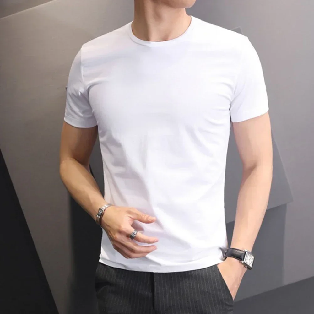 

Men T-shirts White Black Short Sleeve Loose Round Neck Bottoming Shirts Trendy Casual Solid Color Pullover Tops Male Clothing