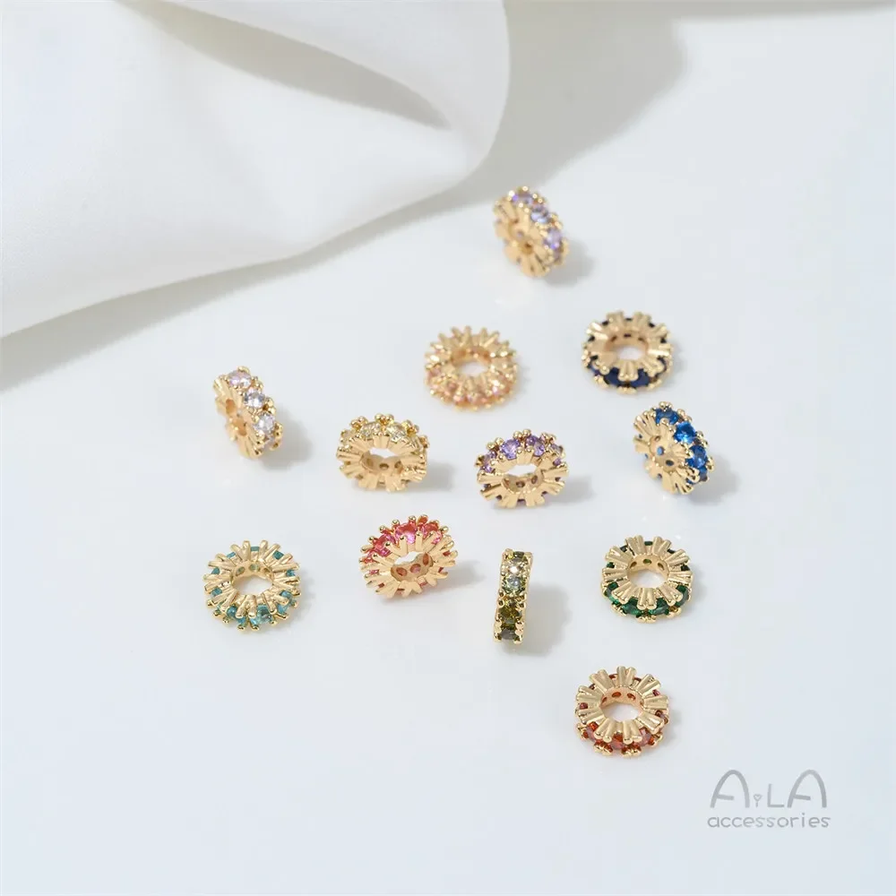 T382 14K Gold-plated Zircon Birthstone 8mm Spacer Pieces, Hand-made Diy String Pearl Crystal Bracelet Accessory Material