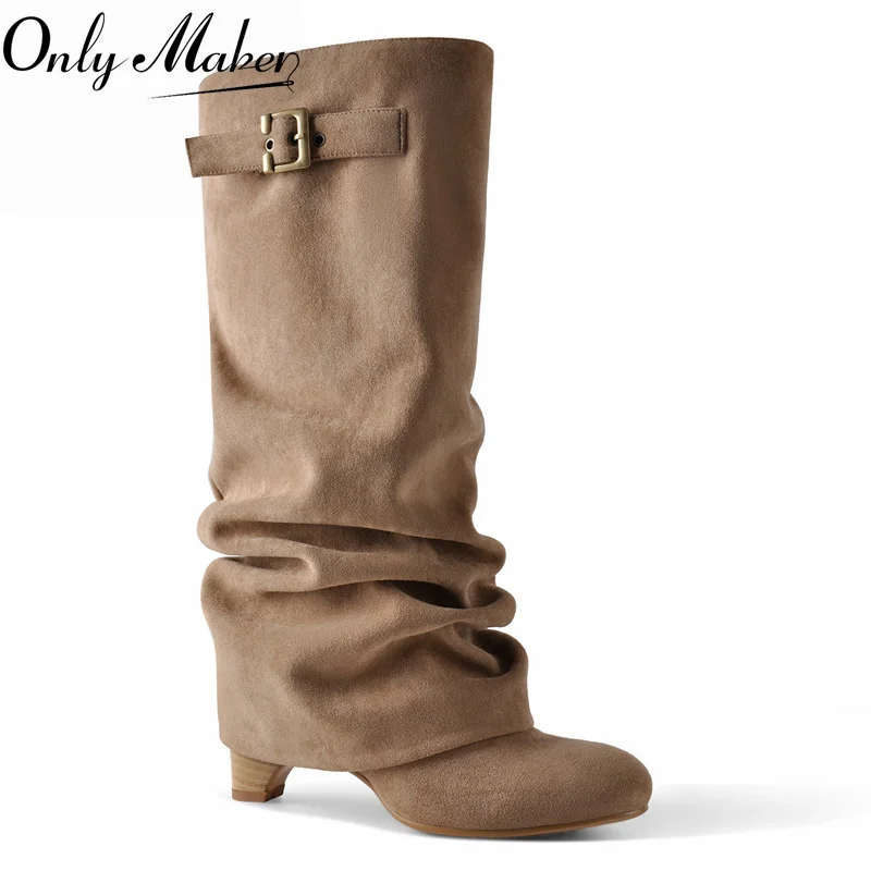 Onlymaker Women Round Toe Brown Faux Suede Ruched Slouchy Knee High Boots Buckle Low Heel Pulll On  Casual Elegant Fashion Boots