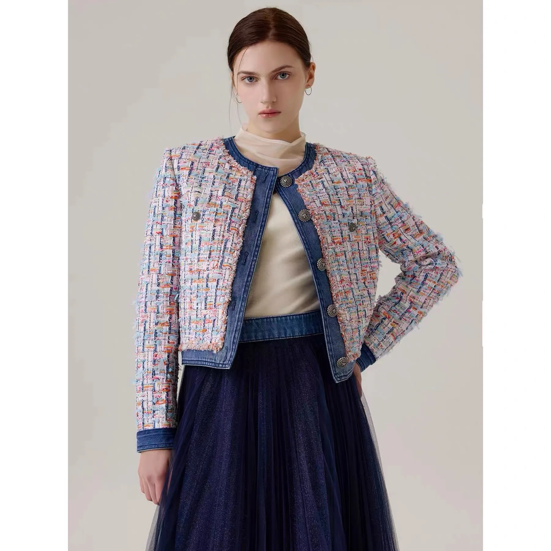 

Женский вязаный кардиган Lemon Cheese MIC26 Spring Ele High Round Ne Denim Patchwork Thiened Ort Outerwear