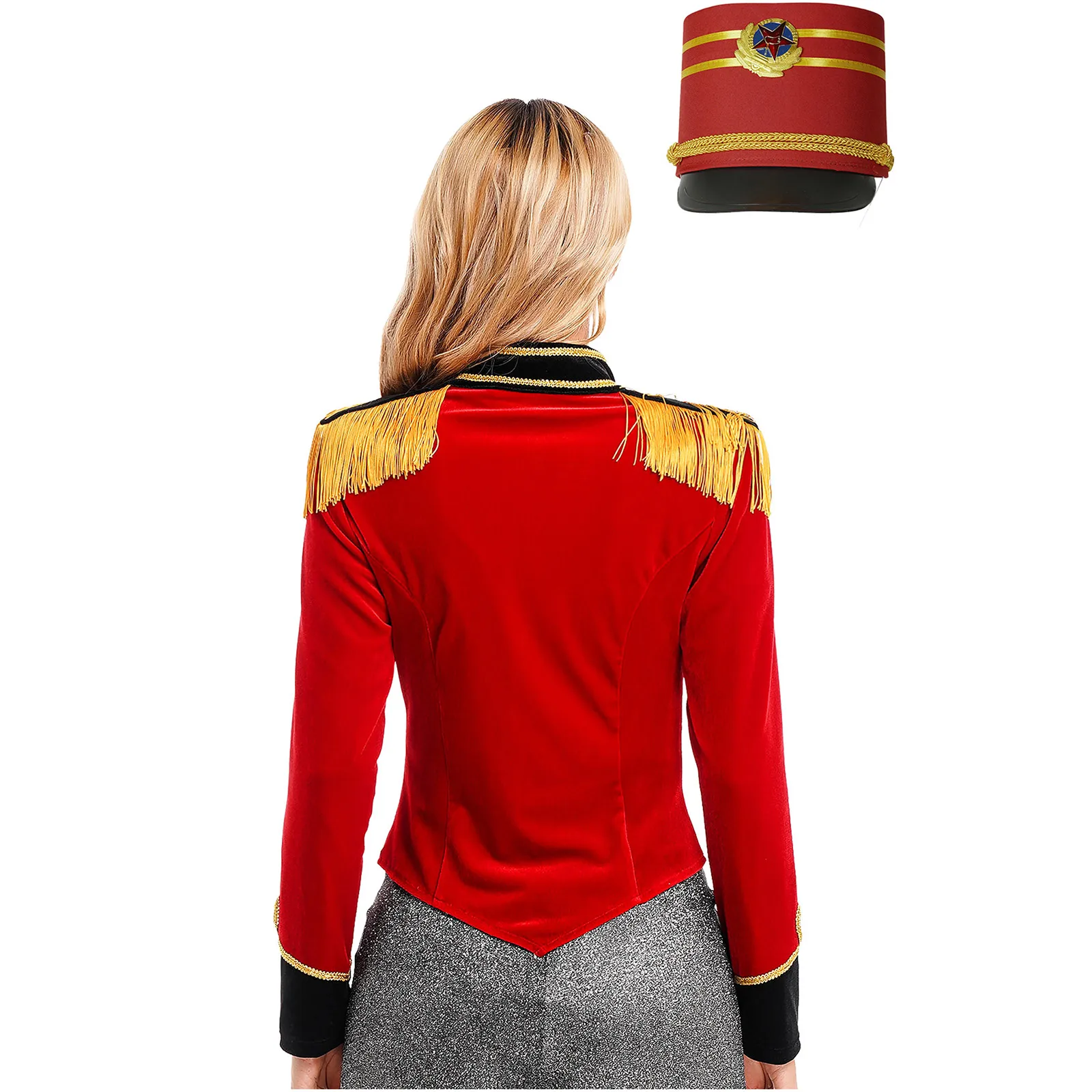 Women Long Sleeve Velvet Jacket with Hat Halloween Carnival Circus Ringmaster Drummer Marching Band Honor Guard Cosplay Costume