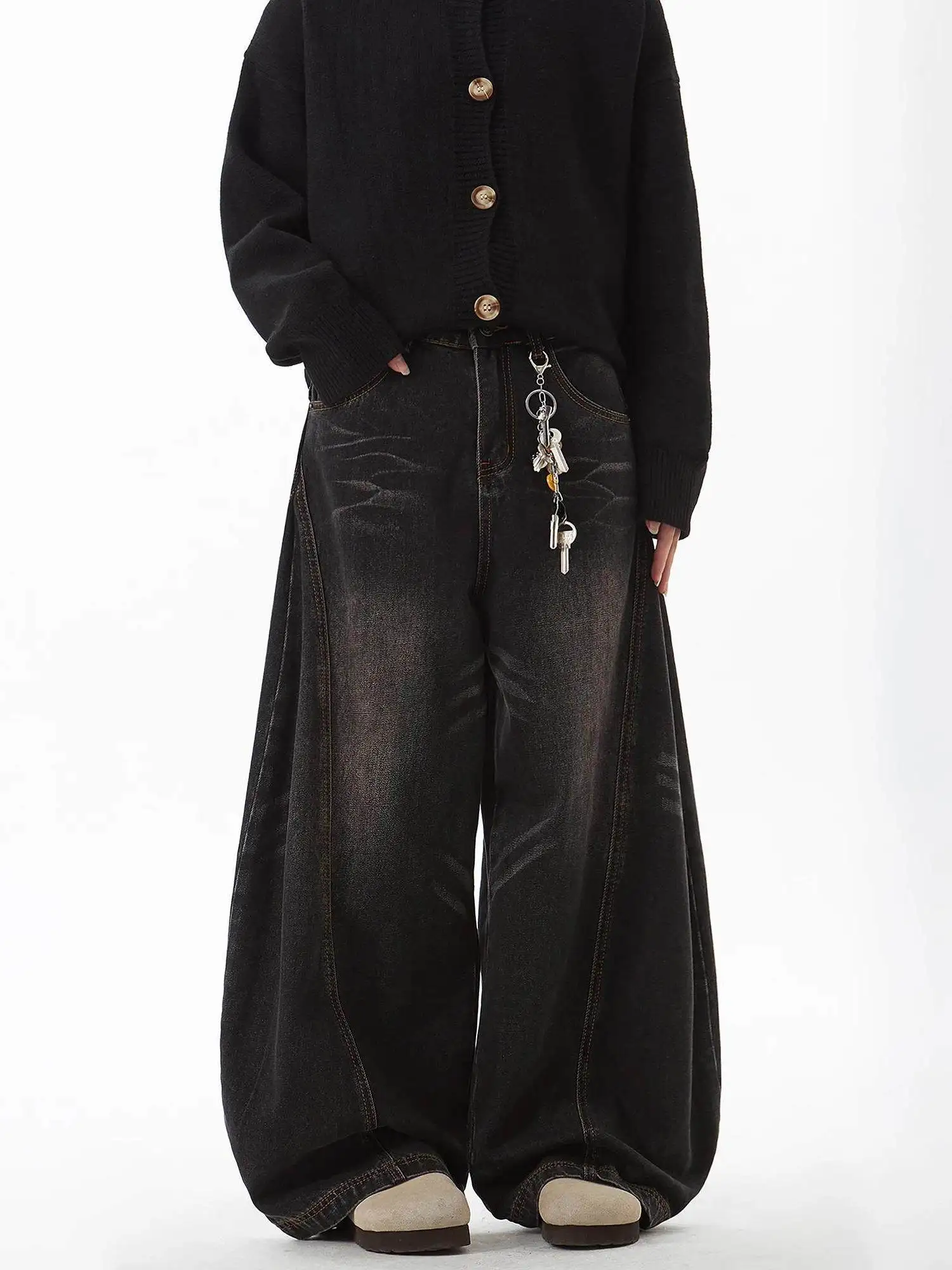 

Retro American Watered Black Knife Jeans Men Women Loose Wide Leg Draping Feeling Faded Long Pants Casual Wear