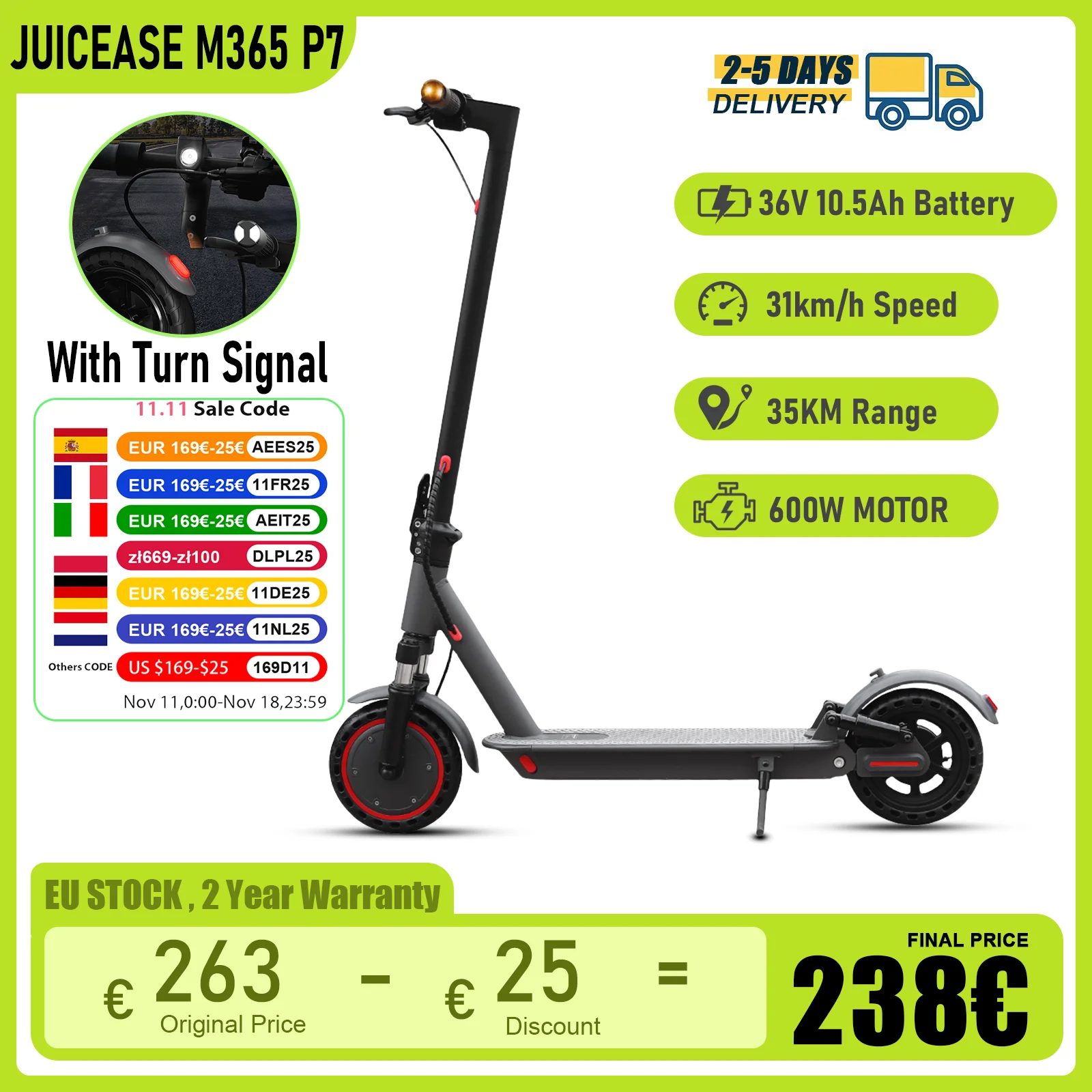 JUICEASE M365 P7 Electric Scooter 35KM Range 600W Powerful Motor 20°Climbing 36V 10.5AH with Turn Signal Escooter Christmas Gift