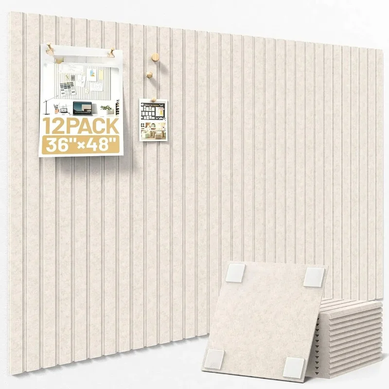 12PCS Soundproof Acoustic Wall Panel Decorative Corcho Pared Felt Cork Tiles Note Pin Bulletin Board for Wall Ceiling Room Decor