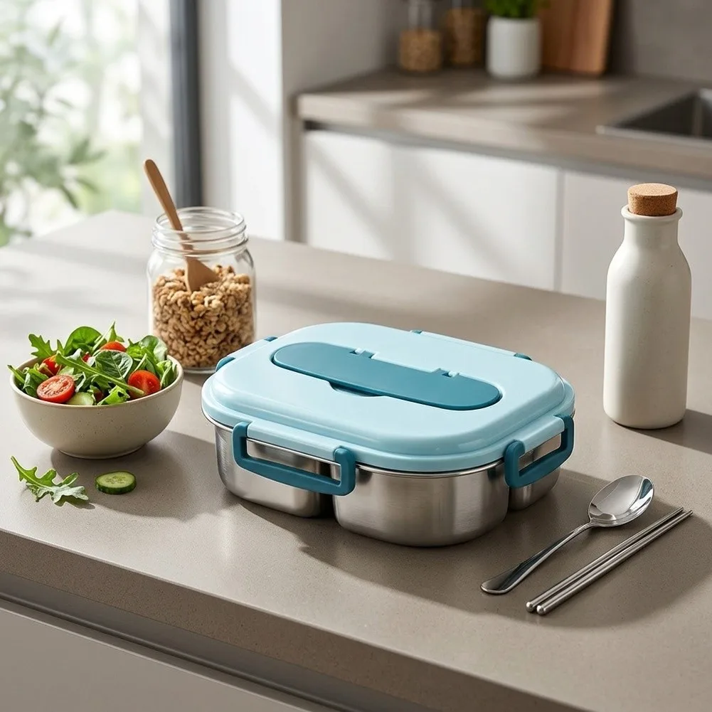 4 Compartment Stainless Steel Food Box with Tight Fit Lid Leakproof Construction for Daily Lunch Storage Needs