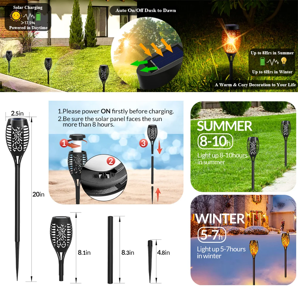 Solar Led Light Solar Garden Flame Light Waterproof Outdoor Solar Torch Light Flickering Pathway Patio Landscape Lawn Lamp Decor