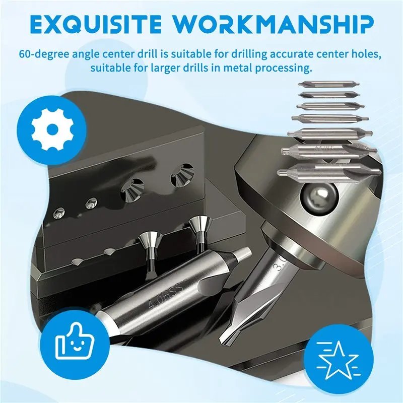 

A93Z 7 Pcs Center Drill Bits Set 60-Degree Angle Center Drill Bits Kit Countersink Tools For Lathe Metalworking