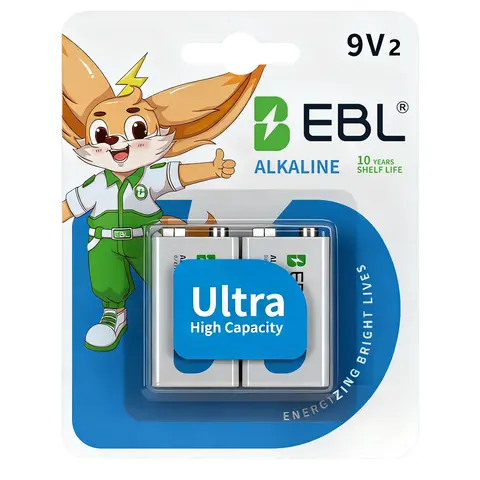 EBL Ultra High Capacity Energy 9V Batteries Alkaline 9 Volt Battery 6LR61 Long-lasting performance Zero Leak 10 Years Shelf Life