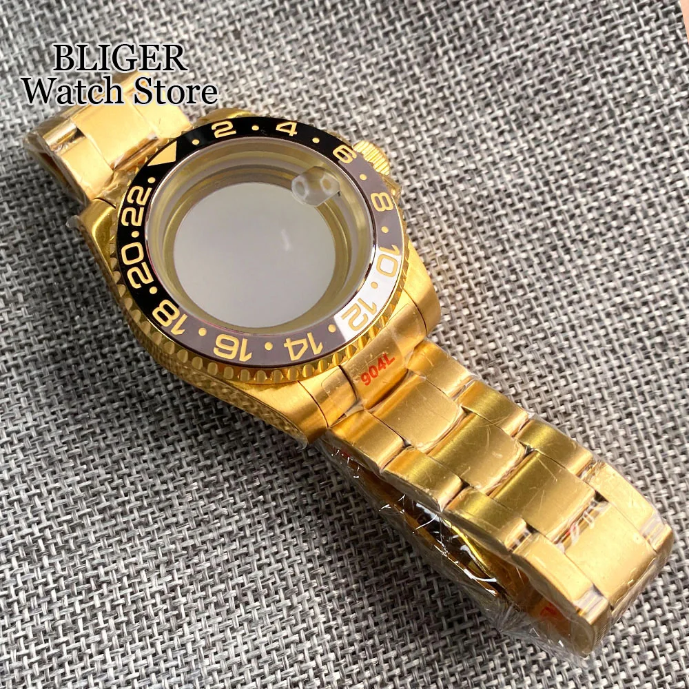 NH34 GMT 40mm Watch Case fit NH34A NH35A NH36A PT5000 MIYOTA 8215 Full Gold Coated Steel Bracelet Grey Black Ceramics Insert