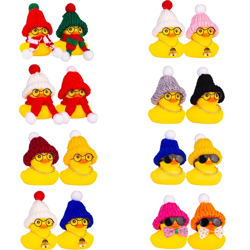 2 Pack Winter Car Rubber Ducks Dashboard Decoration Ducks Car Ornaments Accessories with Mini Beanie Hats, Scarves