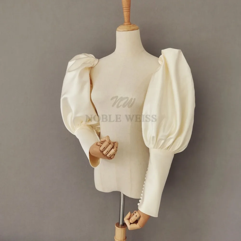 فستان زفاف Seperatel بأكمام طويلة من الساتان سترة زفاف بأكمام ذراع أنيقة لؤلؤية إخفاء الذراع أكمام كلاسيكية قابلة للفصل #3