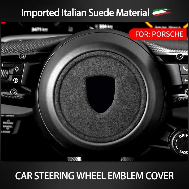 

Italy Alcan tara Suede Car Steering Wheel Center Sticker For Porsche Cayenne Macan Panamera Macan 718 911 Modified Emblem Decor