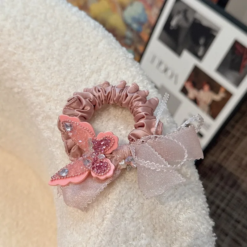 

Korean Pink Butterfly Rhinestone Hair Tie Sweet Bow Ponytail Holder High Elastic Hairband