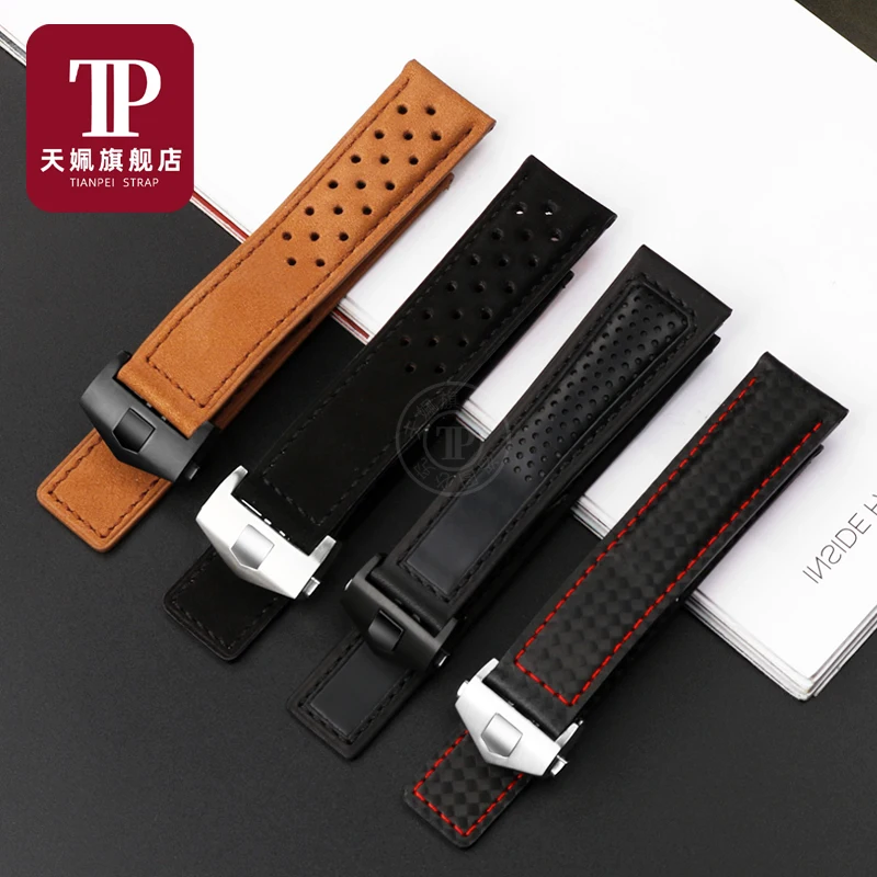 Nubuck/Blowhole/Carbon Textured Calfskin Bottom for TAG Heuer Strap Black Red brown Wrist Men\'s Strap Foldover Buckle 20mm 22mm