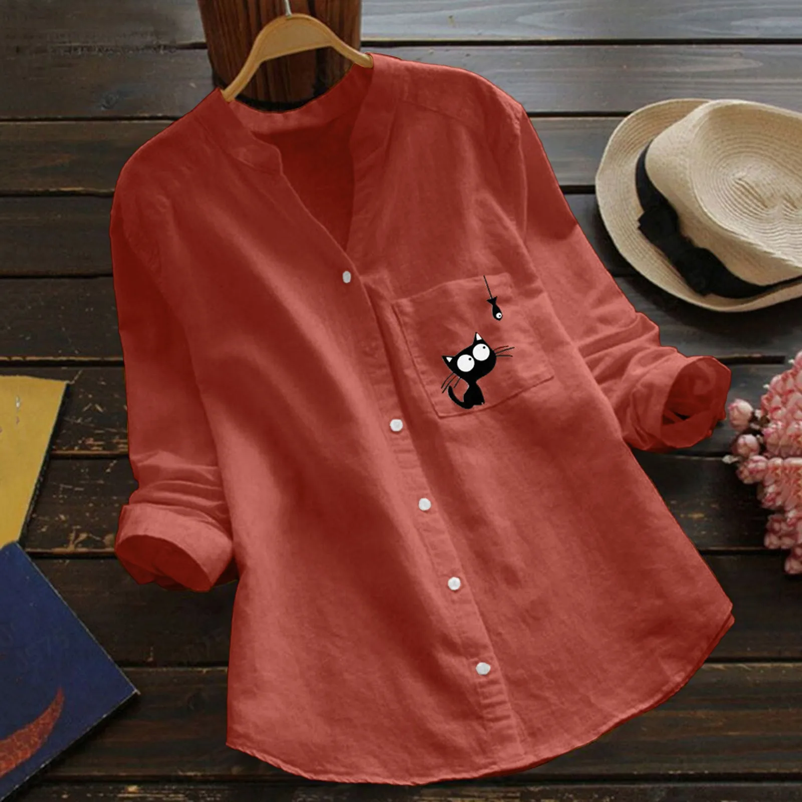 

Women Casual Cat Print Blouse V Neck Long Sleeve Loose Blouses Shirts Tops Ladies Solid Color Linen Elegant Half Sleeve Top