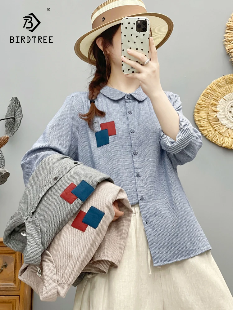 

New 2025 Autumn Cotton Yarn Long Sleeve Shirt, Women Turn-down Collar Plaid, Mori Girl Fashion Commute Loose Blouse T59128CC