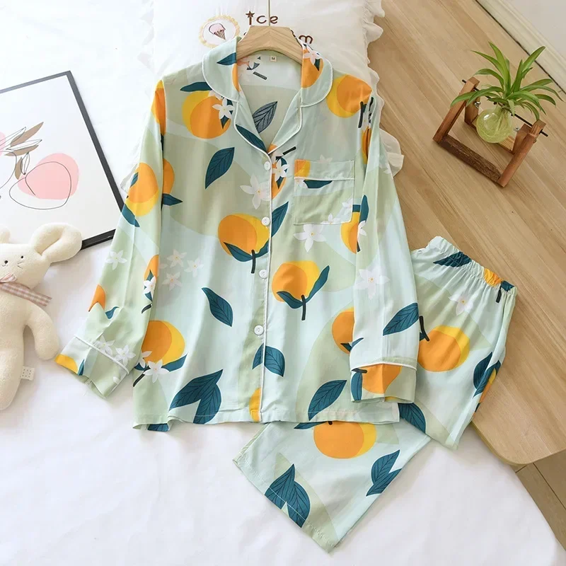 Spring and summer new 100% viscose pajamas two-piece long-sleeved trousers women\'s flowers comfortable plus size homewear suit