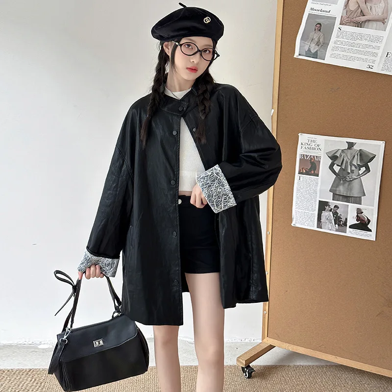 

Teenager Girls Leather Coat Autumn Lace Patchwork Long Sleeve Kids Girls Outerwear Single-breasted Children Girls Windbreaker