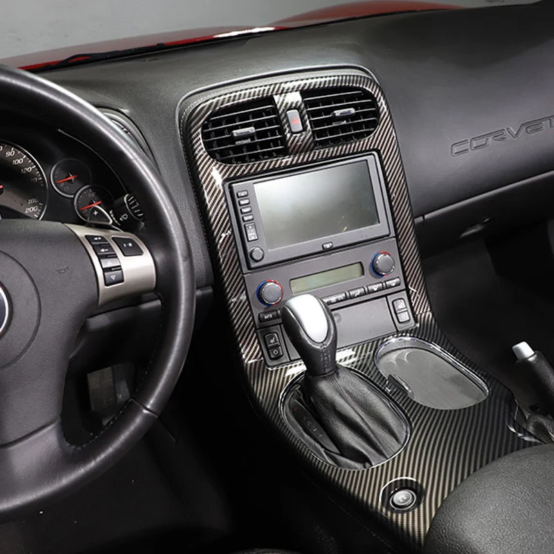 For Corvette C6 Central control gear tea cup holder panel frame Interior modification sticker ABS carbon fiber pattern 2005-2013