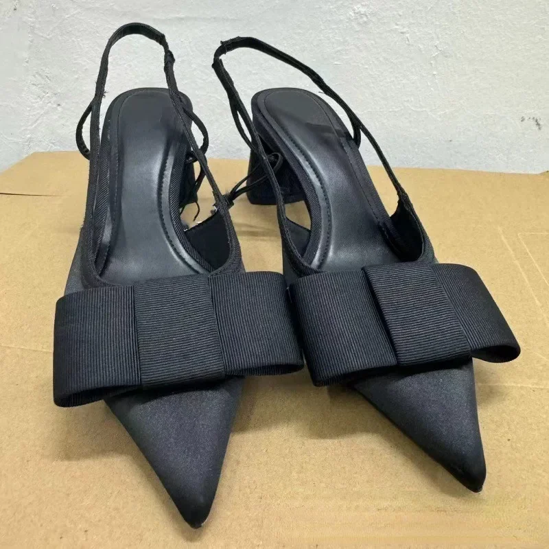 2026 Black Pointed Bow Women\'s Elegant High Heels Shoes Luxury Designer Big Size Autumn Office Slingbacks Fashion Ladies Pumps
