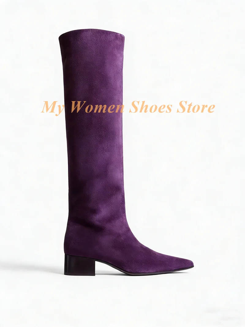 Block Middle Heel Suede Boots Pointy Toe Knee High Slip On 2026 Winter Autumn Women Dress Shoes Solid Handmade Runway 2026 Shoe