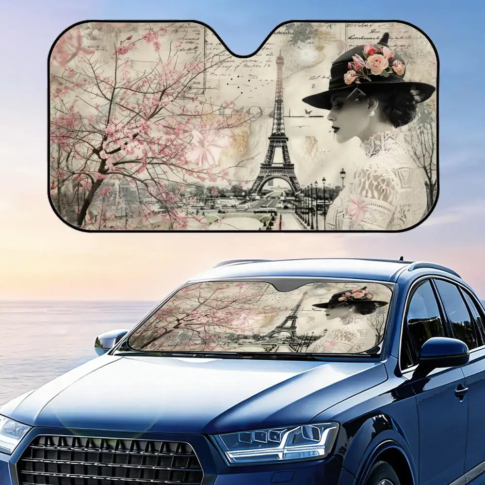 Eiffel Tower & Roses Vintage Sun Visor Foldable Universal Car Windshield Sun Shade UV Protection Heat Insulation Foldable Cover