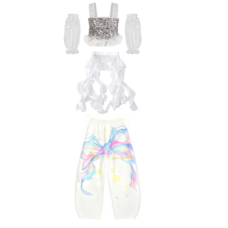 ファッションキッズ K-pop 衣装女の子ジャズダンスパフォーマンス衣装スパンコールトップヒップホップパンツ子供社交ダンス服 XS10585