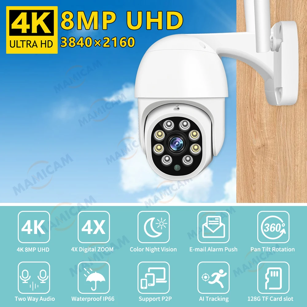 8MP Security Protection WIFI Camera Video Surveillance Outdoor PTZ 4.0X Digital Zoom Night Vision Onvif AI Auto Tracking Icsee