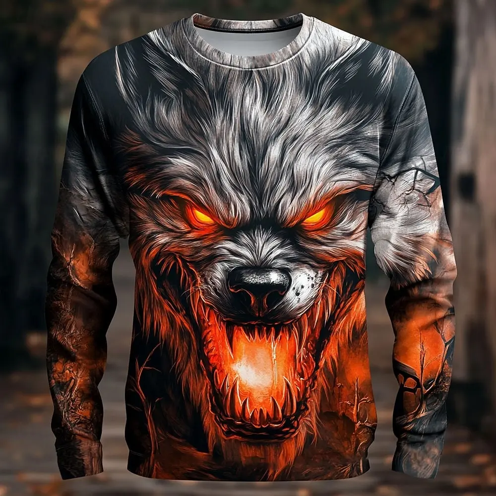 

2025 Fall Halloween Wolf Printed Long Sleeve T-Shirts For Men Vintage Streetwear Casual Tops Halloween Theme Casual Tees Winter