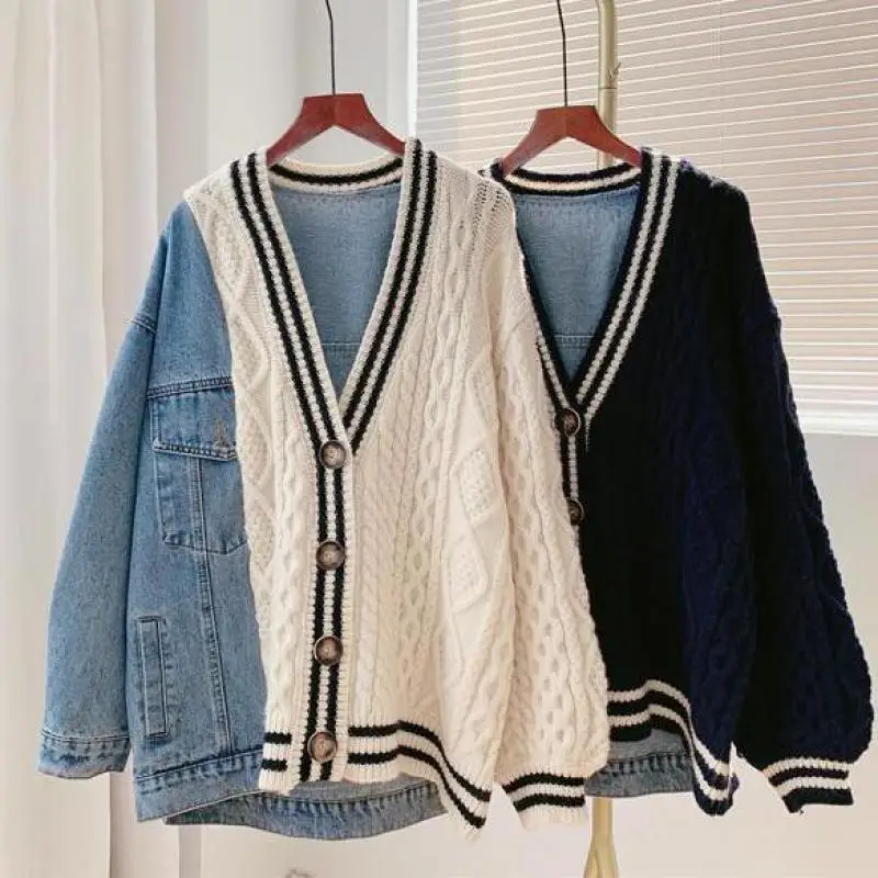 TANNT Women Cardigan Denim Sweater Patchwork Overcoat Ladies Oversized Coat Winter Autumn 2023 Spring Autumn knitted outwear