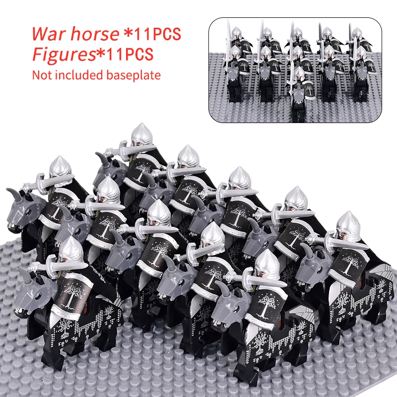 MOC Medieval Gondor Knights lotr Figures Set Warrior Armored Soldiers War Horse Army Weapons Shield Sword Helmet Bricks Toys