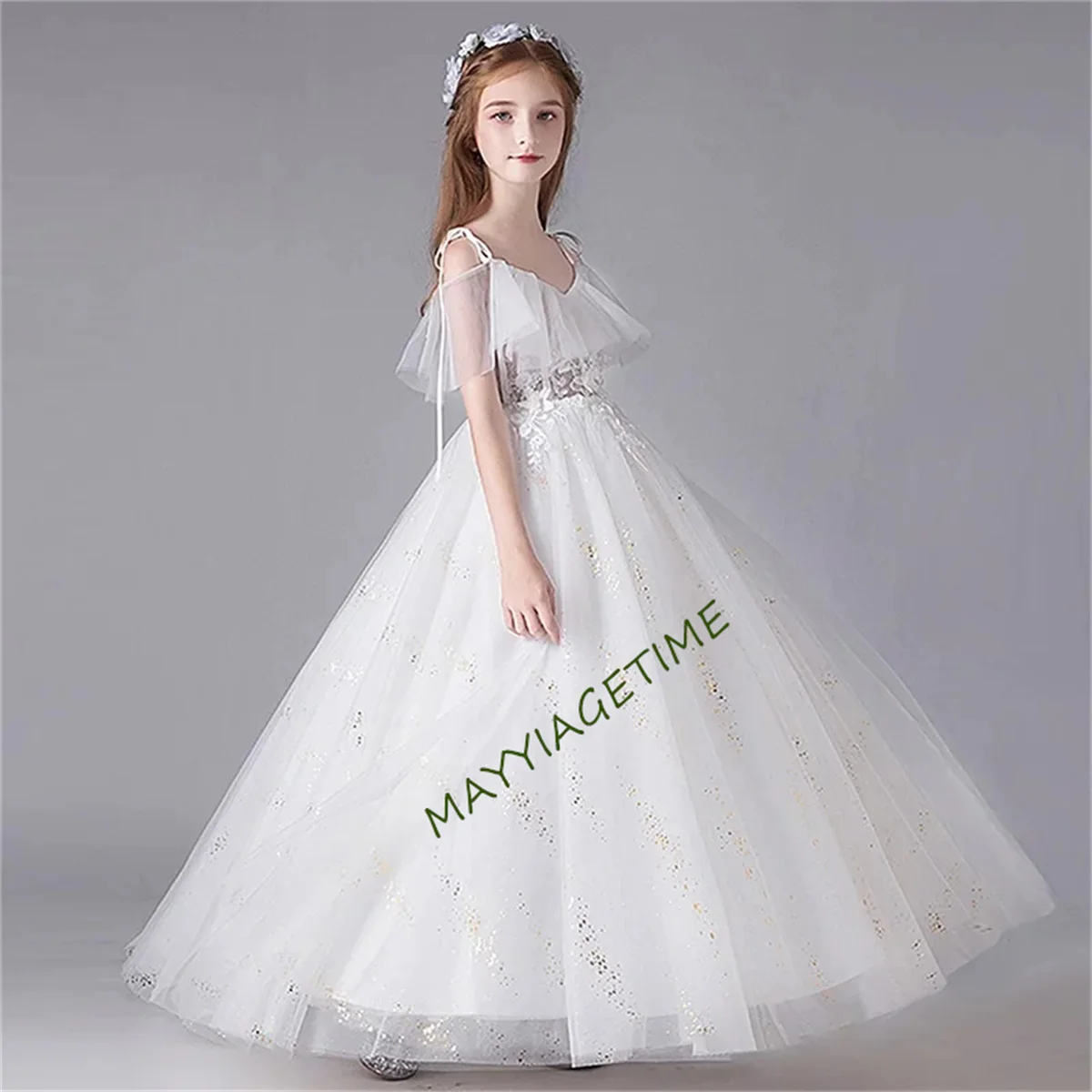 

Teenage Girls Princess Party Dresses for Wedding White Embroidery Birthday Ball Gown Sling Tulle Elegant Children Long Dress