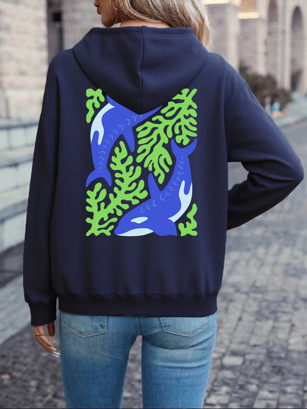 Orca Seaweed Illustration Printed Hoodie Womens Comfortable Loose Sweatshirt Fleece Warm Soft Pullover Casual Pocket Clothes
