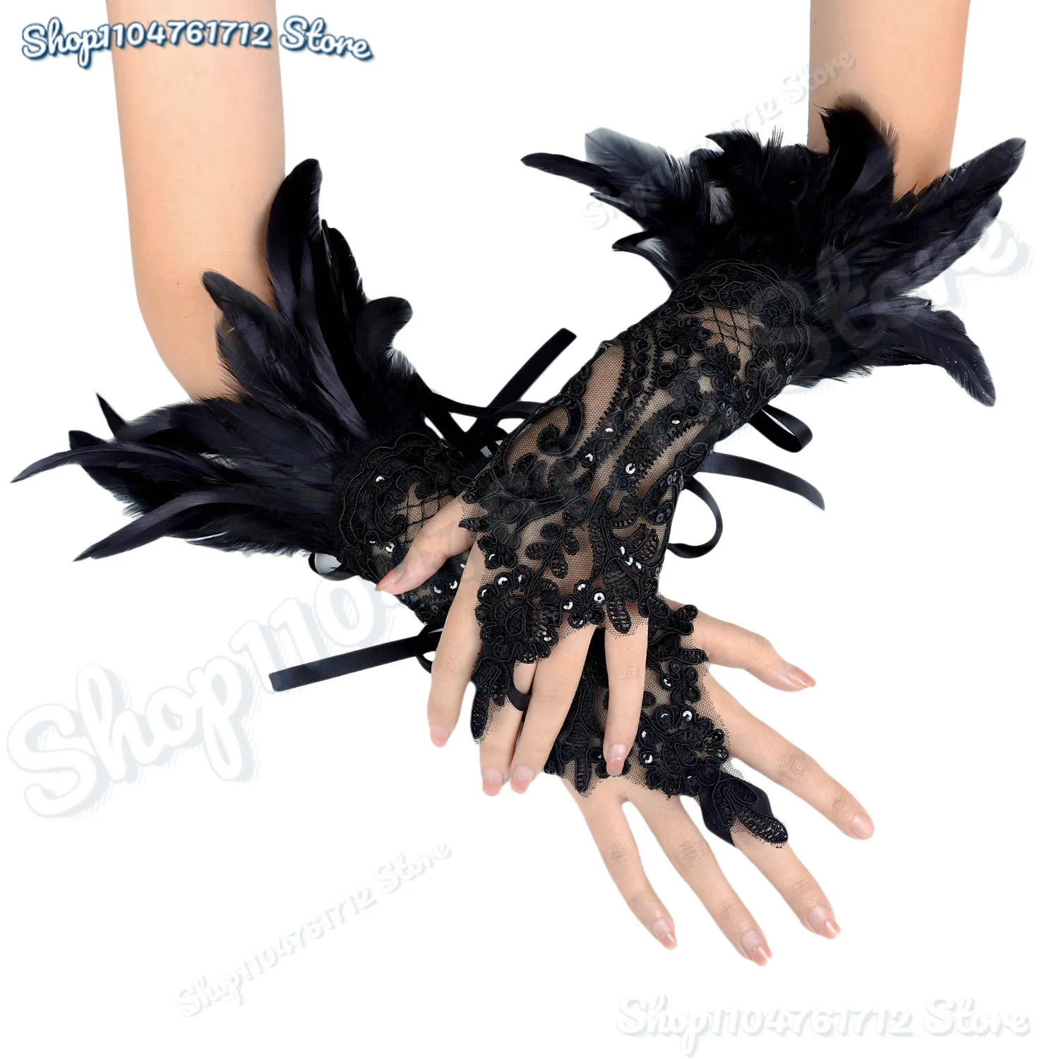 موضة ريشة كم الأصفاد قفازات حفلة تأثيري الدانتيل المعصم الأصفاد الفراء كم فروي اكسسوارات كرنفال عرض مسرحي زي