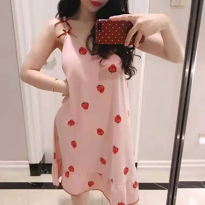 Gilrs Summer Suspenders One Piece  Slip Dress With Eyeshade And Brassiere Bow Cartoon Bear  Plaid Pajamas Thin Short Loose