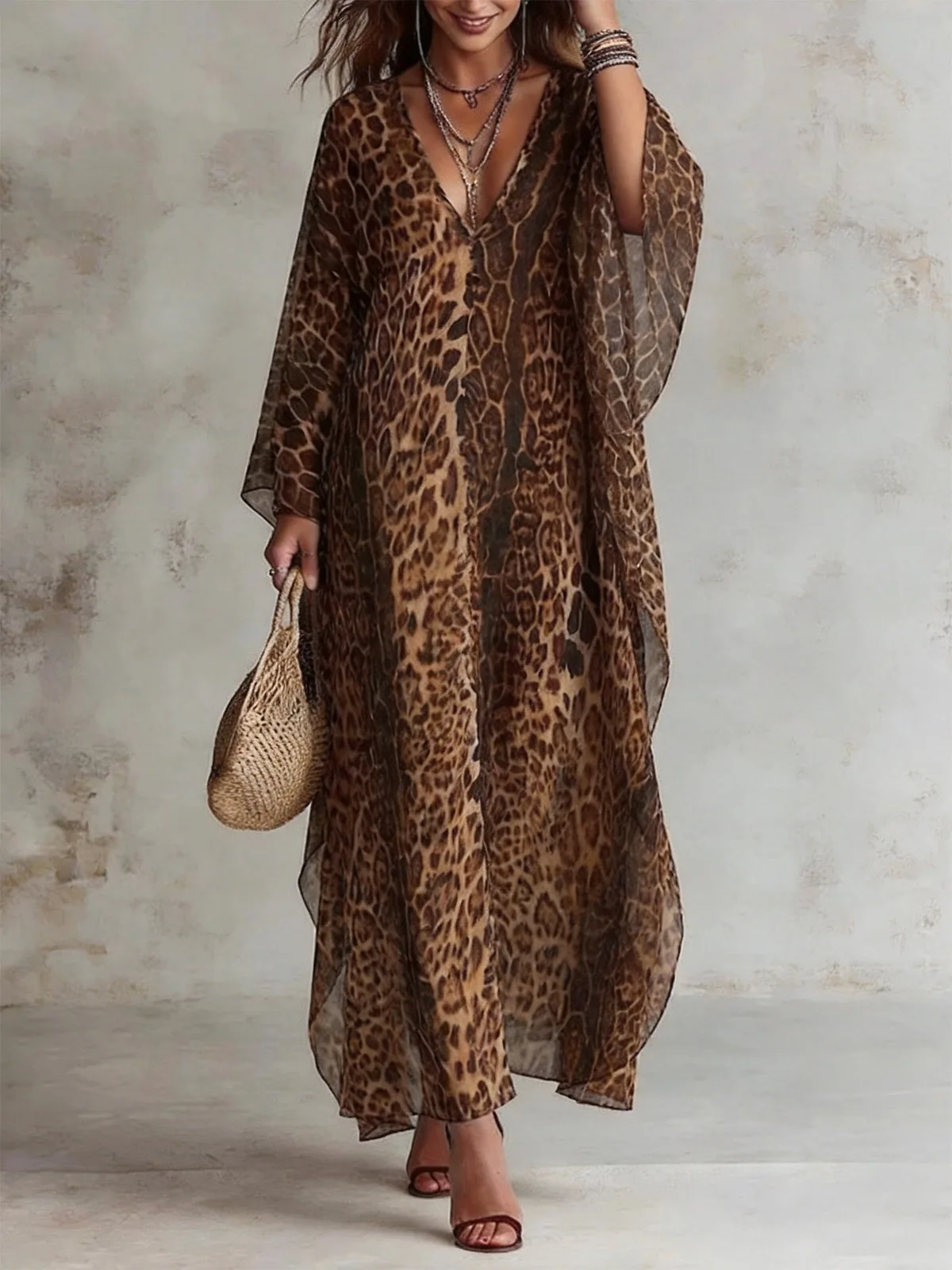 Vintage Chiffon Leopard Dress Deep V Neck Batwing Sleeve Maxi Caftan Dress Casual Loose Summer Beach Cover Up Dresses for Women