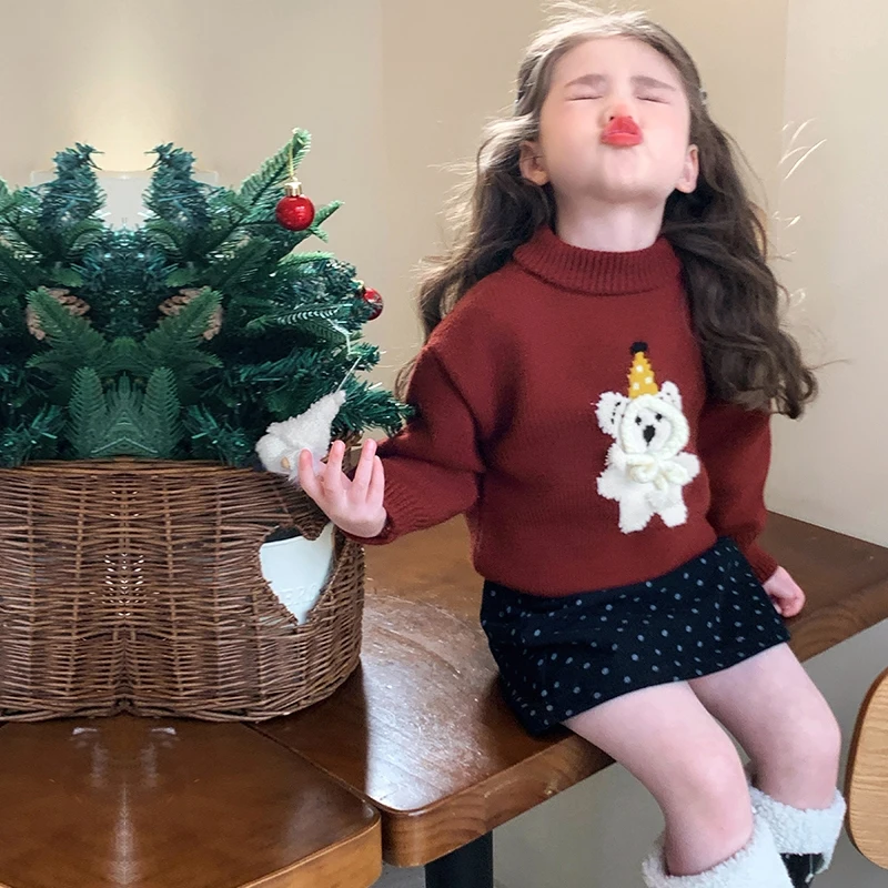 

Baby Girl Knitted Sweater Ages 2-9Y Casual Fashion Spring Autumn Bear Sweater Korean Style Vintage Outfit Tween Child Pullover