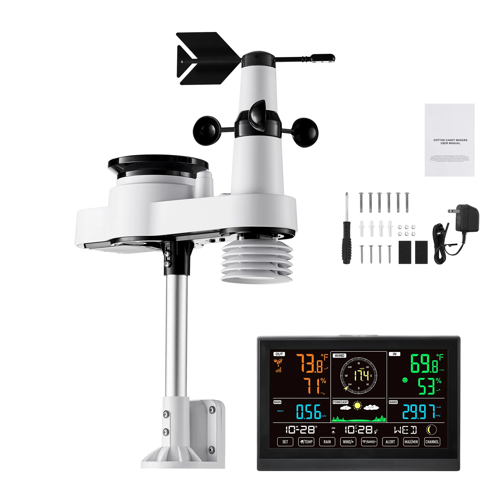 SucceBuy Station météo sans fil 5 en 1, écran VA de 7,5 pouces, capteur extérieur à énergie solaire, pluviomètre et prévisions météorologiques, pas de WiFi