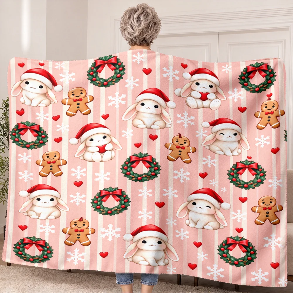 1PC Christmas Bunny and Gingerbread Man Print Wearable Blanket-Soft and comfortable for both men and women. It is very suitable