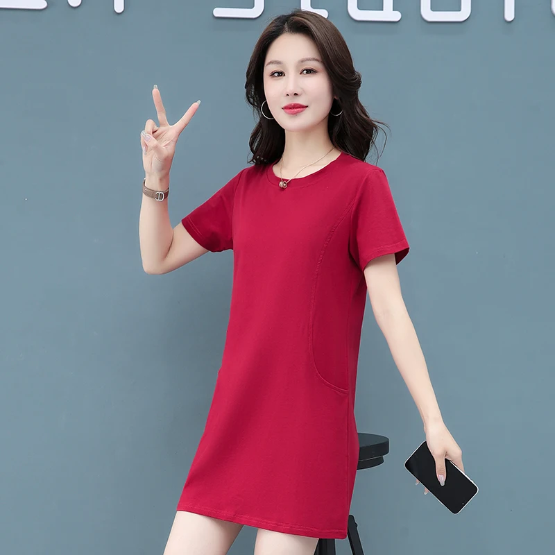 المرأة الجديدة عصرية ومتعددة الاستخدامات قصيرة الأكمام جولة الرقبة منتصف طول تي شيرت تنورة الإناث الصيف فستان رياضي فضفاض غير رسمي