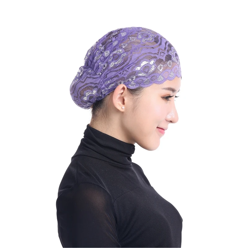 

Women Lace Inner Hijab Cap Full Cover Underscarf Hat Islamic Turban Hair Wrap Muslim Headscarf Head Wear Lace Hat Solid Color