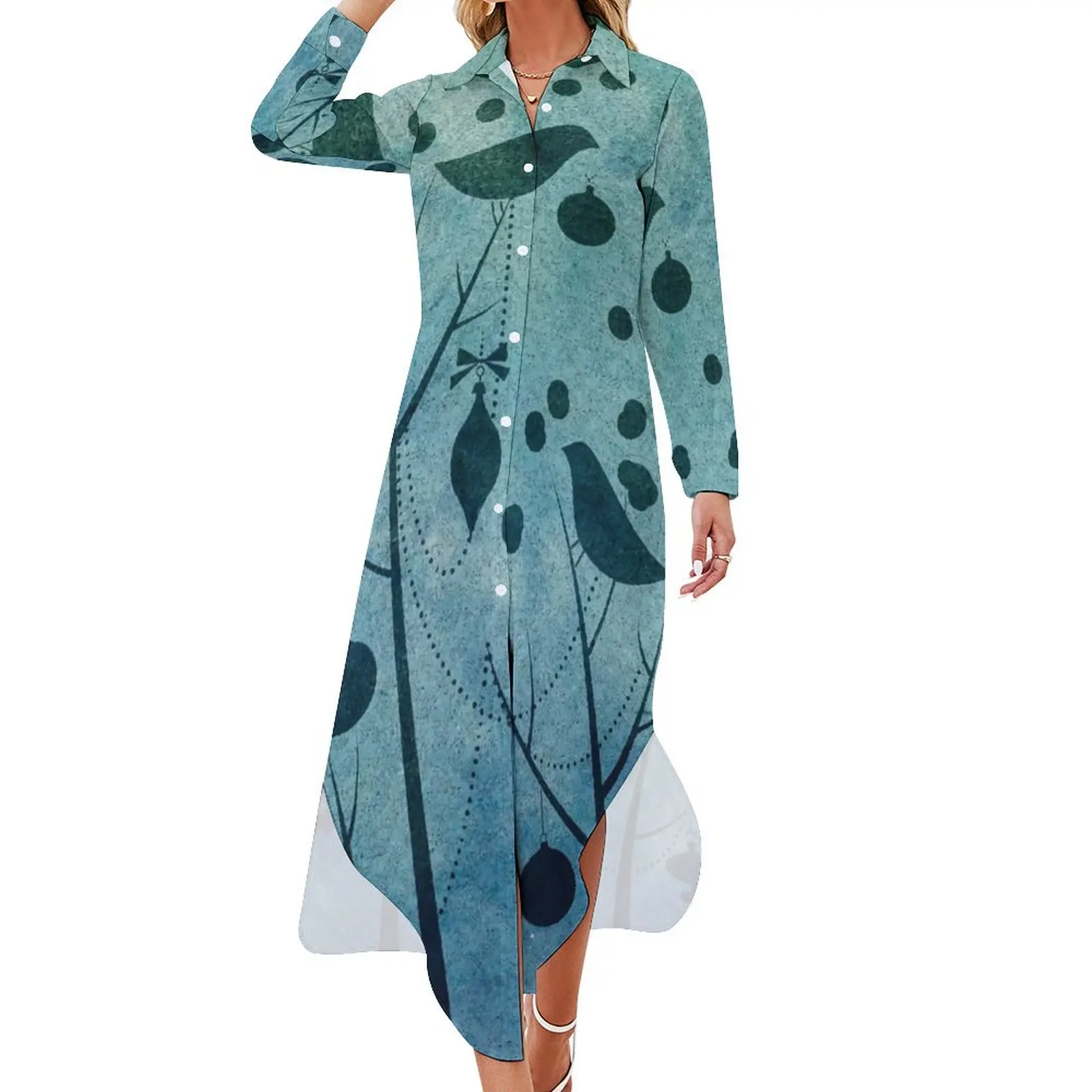 

Christmas birds in teal Long Sleeved Shirt Dress dresses korean style elegant evening dresses for women 2024 beach dresses