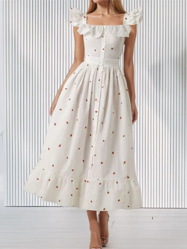 Abito casual a vita alta di nuova moda da donna Primavera Elegante temperamento Colletto quadrato Manica volante Abiti a vita con fiori spezzati