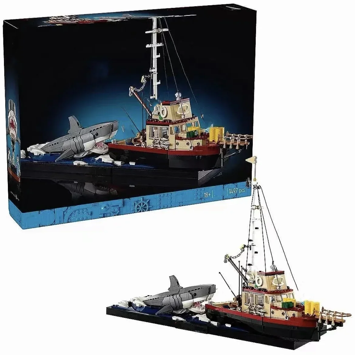 2024 New 21350 Jaws Diorama Boat Shark Pirate Ship Building Blocks Fishing Boat Model Bricks Toys Birthday Gift For Kids